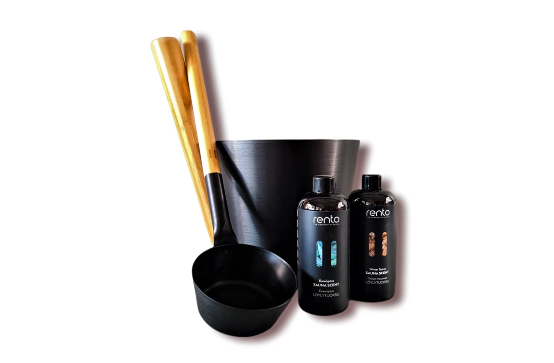 Rento Cadeau SetSauna Emmer Zwart Bamboe 1 Rento Cadeau SetSauna Emmer Zwart Bamboe